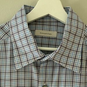 Ermenegildo Zegna Men XL Light Blue Purple White Stripe Plaid Button Down Shirt
